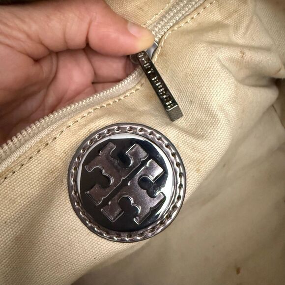 Tory Burch Ella Tote Bag Brown Felt Wool w Detail Metallic Patent Leather - Picture 6 of 10